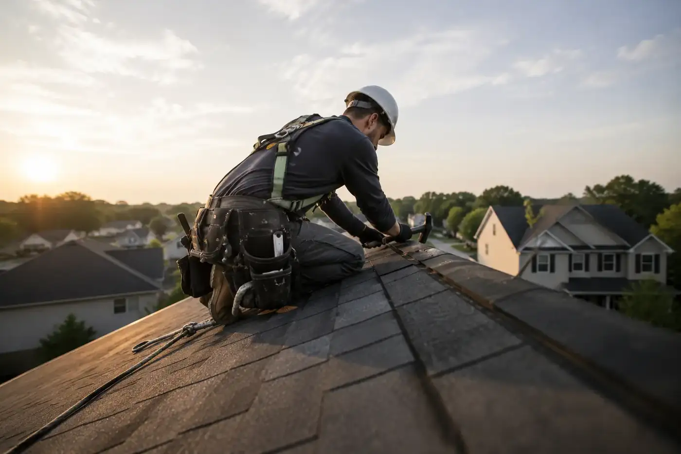 Roofer working on a shingle roof above a Long Island neighborhood
